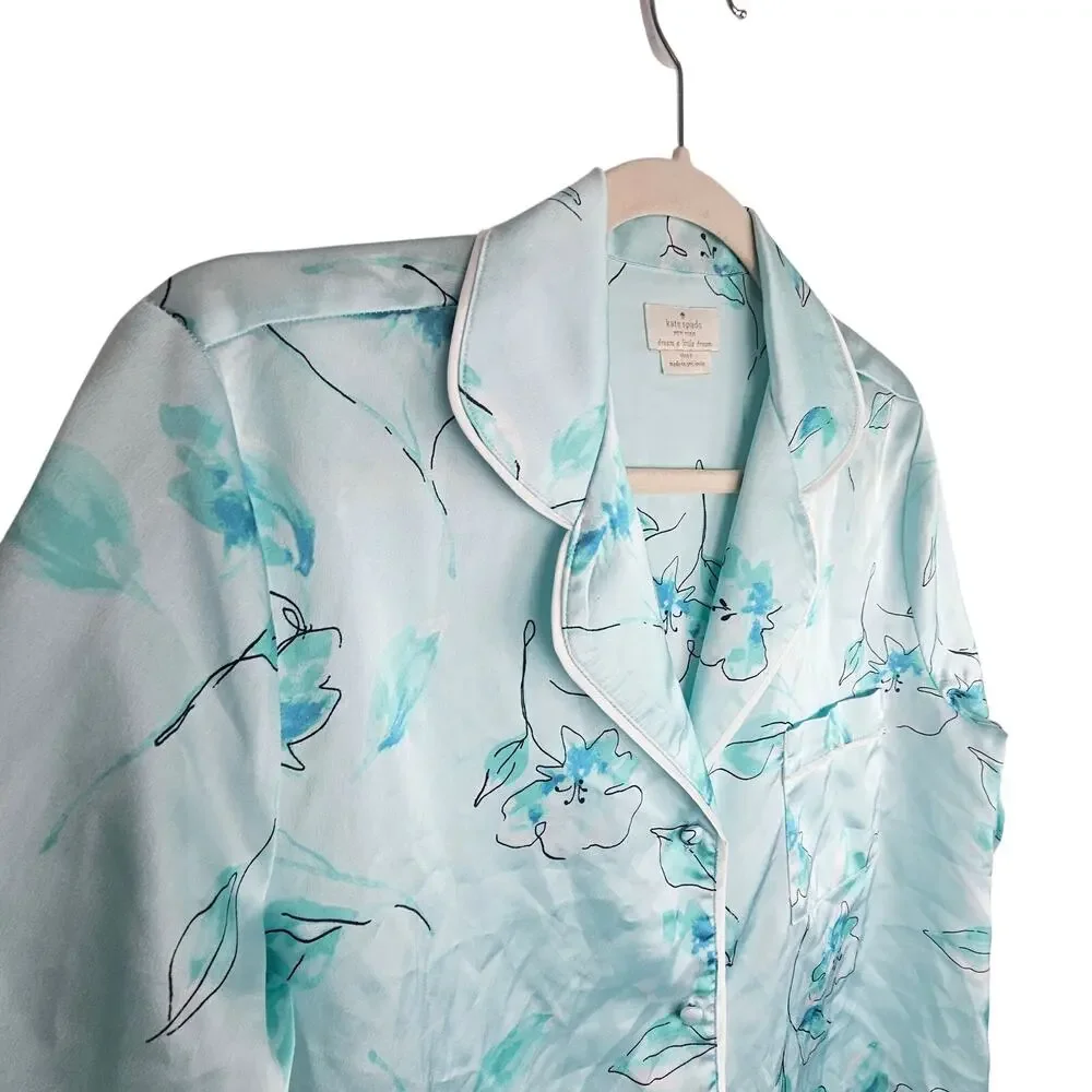 Kate Spade Womens Floral 2pc Pajama Set Size S Sleepwear Loungewear Satin Blue